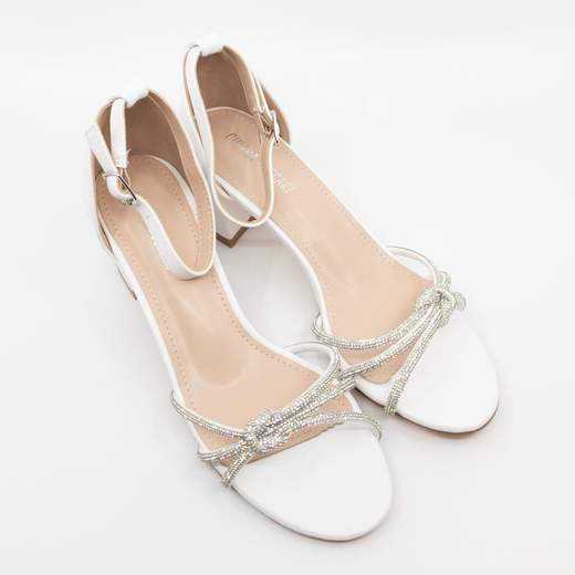 Sandali Bianchi Eleganti Cerimonia Con Strass E Tacco Largo