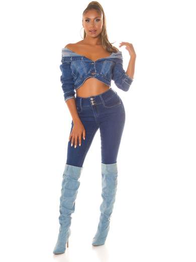 Giubbino Jeans Donna Corto Maniche Lunghe Elasticizzato