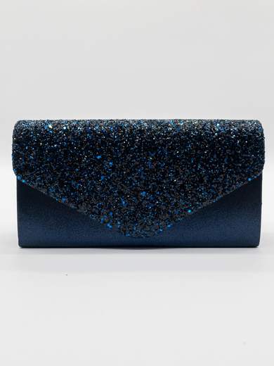 Pochette da cerimonia blu in raso con glitter e tracolla