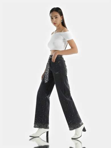 MISS BONBON Jeans donna gamba larga con strass e cintura leopardata H-3388