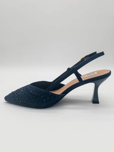 Décolleté slingback blu con strass e tacco a clessidra