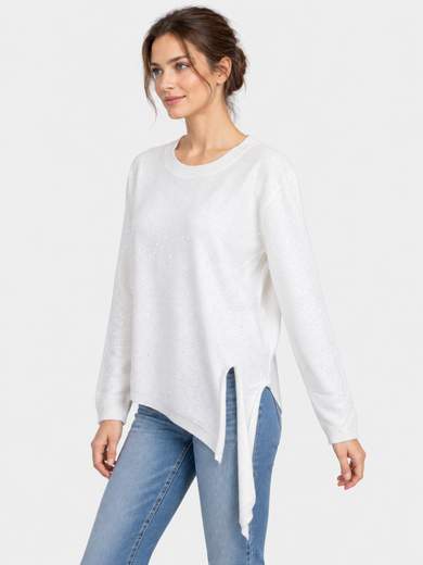 Maglia girocollo con micropaillettes e spacco laterale