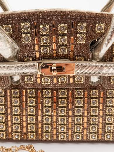 Gold Evening Bag with Rhinestones and Chain Shoulder Strap