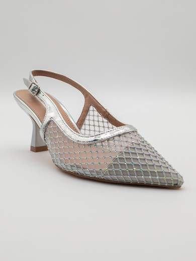 Slingback Argento a Rete con Strass e Tacco a Clessidra 7,5 cm
