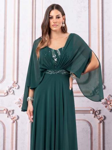 JEAN CRYÒ Abito Lungo da Cerimonia in Chiffon con Maniche a Mantella e Corpino Prezioso 35466