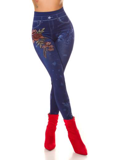 Leggings donna effetto jeans con stampa floreale