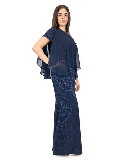 Vestito da cerimonia elegante lungo con paillettes e mantella staccata