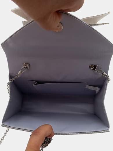 Pochette Argento Glitterata da Cerimonia con Fiocco di Strass HL3499-ARGENTO