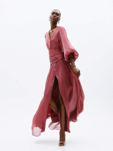 Abito Lungo da Cerimonia in Chiffon con Maniche a Sbuffo A4801