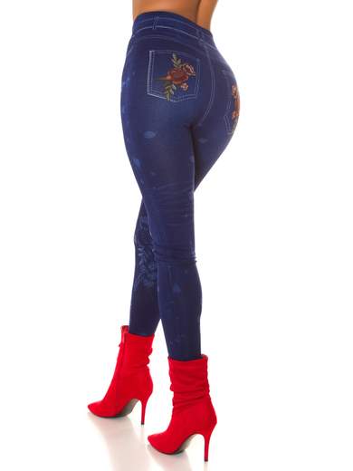 Leggings donna effetto jeans con stampa floreale
