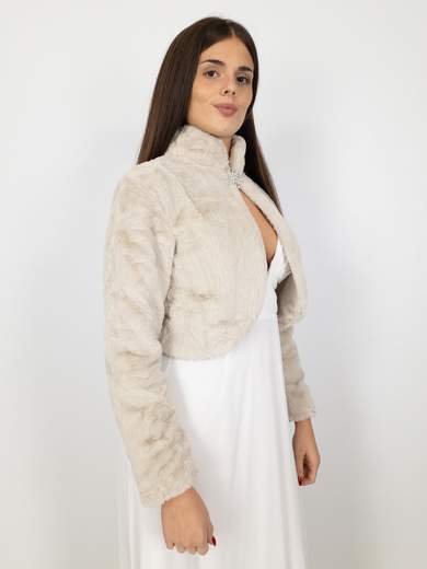 Elegant short faux fur jacket with decorative brooch