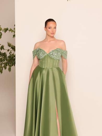 Curvy Long Satin Formal Dress with Rhinestones