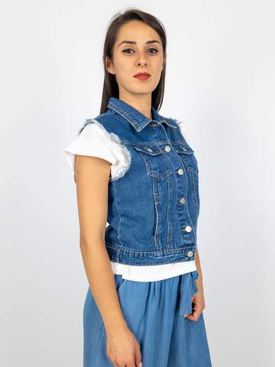 Gilet Donna Estivo In Jeans Corto E Smanicato