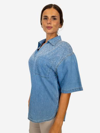Denim shirt with rhinestones and V-neck