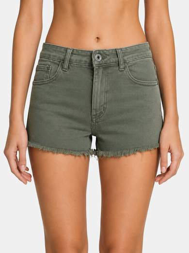 Stretch Denim Shorts with Fringed Hem