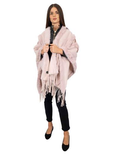 STRABELLO Mantella Donna Elegante Con Pelliccia Ecologica E Frange