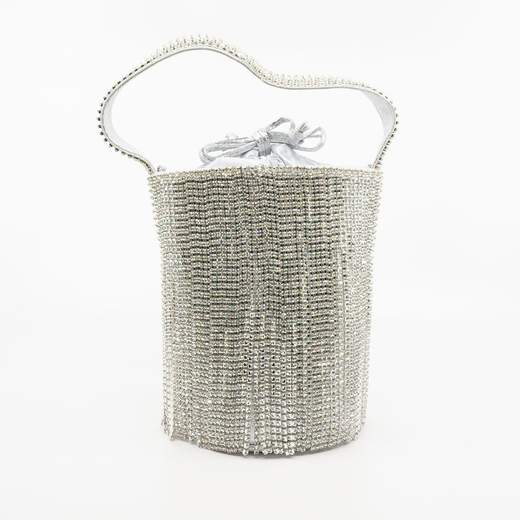 Coo & Coo Fashion Clutch Pochette Cerimonia Argento Morbida Con Strass A Secchiello