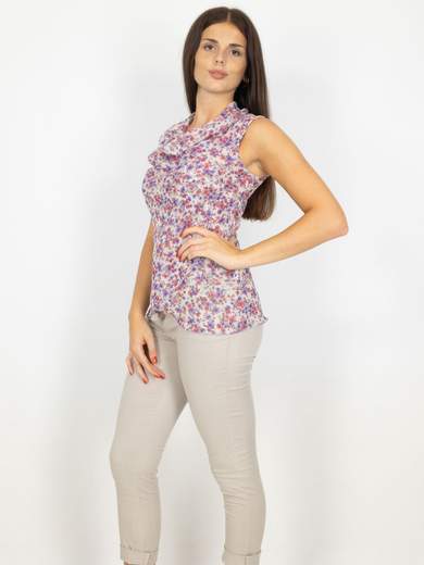Top Donna Senza Maniche Floreale In Chiffon Scollo Drappeggiato