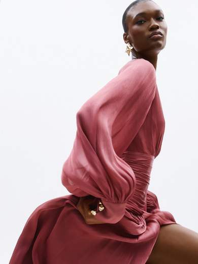 Abito Lungo da Cerimonia in Chiffon con Maniche a Sbuffo A4801