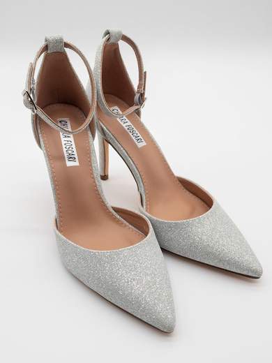 Décolleté argento glitterate con tacco sottile e cinturino