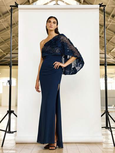 Abito Lungo da Cerimonia Monospalla in Chiffon con Volant e Spacco