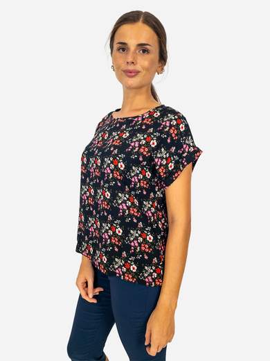 Blusa nera a fantasia floreale donna in viscosa Made in Italy