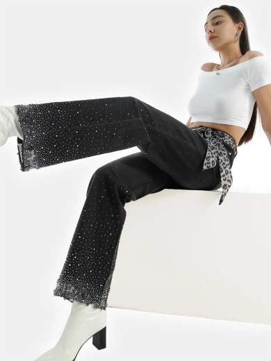 Jeans donna strass gamba larga mom fit - Premium Denim Collection H-3388
