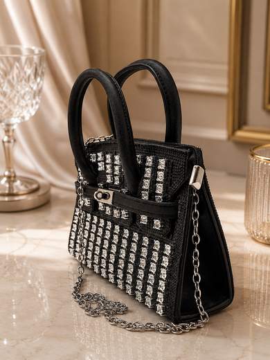 JESSICA Borsa da Sera Nera con Strass, Pietrine e Tracolla Rimovibile p-6013-nero