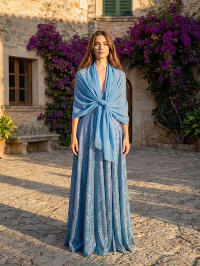 Abito Lungo Glitterato con Spacco e Scollo all'Americana 35498