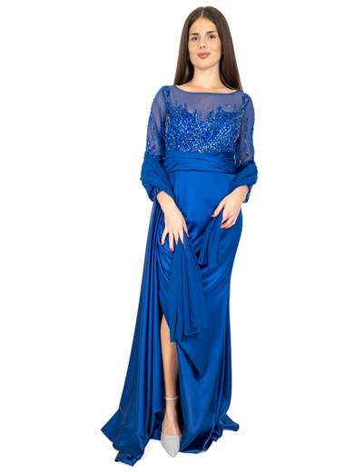 Vestito Cerimonia Elegante Lungo in raso con Paillettes e Spacco