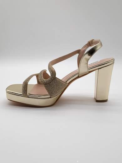 Gold Jewel Ceremony Sandals with Chunky Heel and Rhinestones