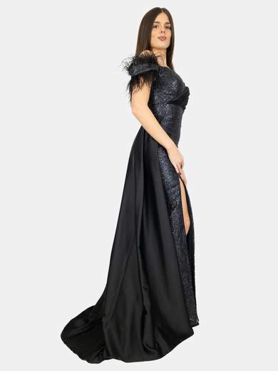 Abito da cerimonia lungo con piume e spacco frontale - Cod. 3953