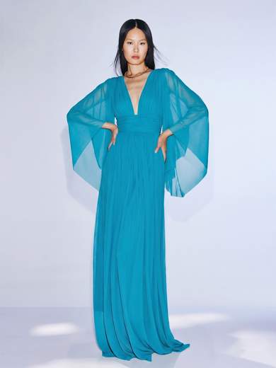 TWINS Abito Lungo da Cerimonia con Maniche a Campana e Scollo Profondo t4927