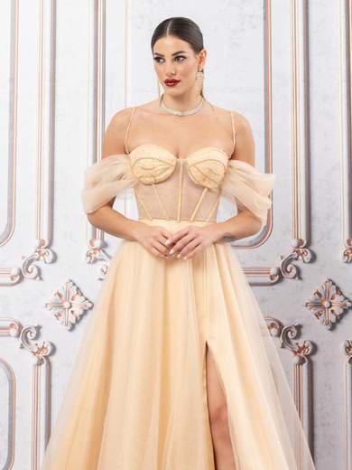 Gold Glitter Tulle Long Ceremony Dress with Slit