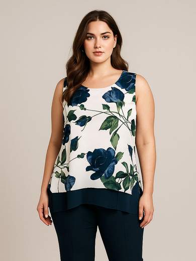Curvy Girl Blusa curvy smanicata a fantasia floreale con taglio asimmetrico T5353T5F
