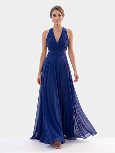 STRABELLO CERIMONIA Abito Lungo da Cerimonia in Chiffon con Collo all'Americana e Schiena Scoperta 7007-6F