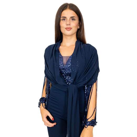 Tuta Elegante Donna Jumpsuit Cerimonia con Paillettes e Stola