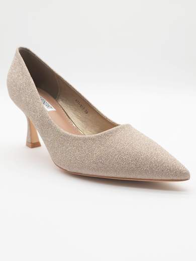 Gold glitter pumps with 7.5 cm hourglass mid-heel