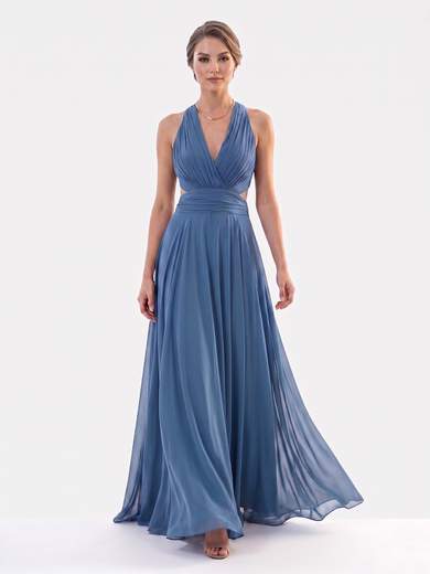 STRABELLO CERIMONIA Abito Lungo da Cerimonia in Chiffon con Collo all'Americana e Schiena Scoperta 7007-6F