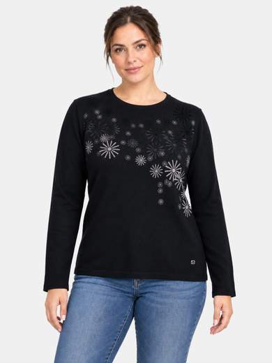 Maglia girocollo con decoro frontale in velluto e glitter