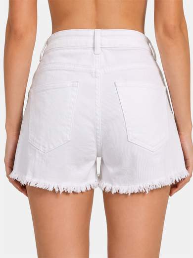 Stretch Denim Shorts with Fringed Hem