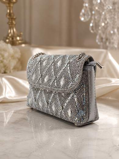 MICHELLE MOON Borsetta da Sera Argento Scintillante con Strass e Pietre Gioiello - mnk2709-argento