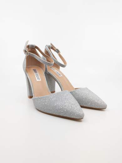 Décolleté argento glitterato con tacco largo e cinturino