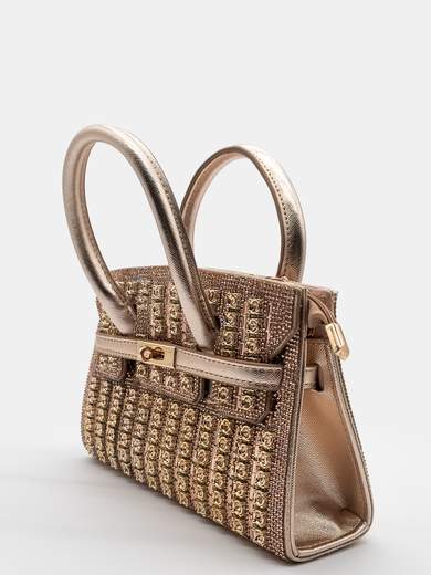 Champagne Evening Bag with Rhinestones and Chain Shoulder Strap