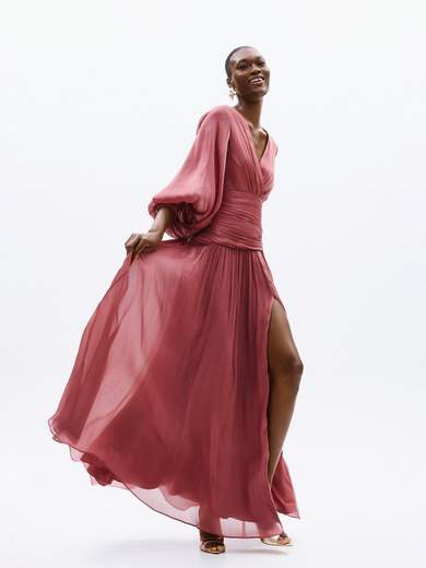 Abito Lungo da Cerimonia in Chiffon con Maniche a Sbuffo A4801