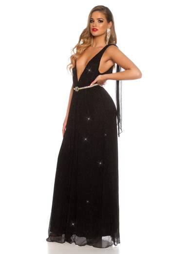 Abito lungo glitterato con scollatura profonda
