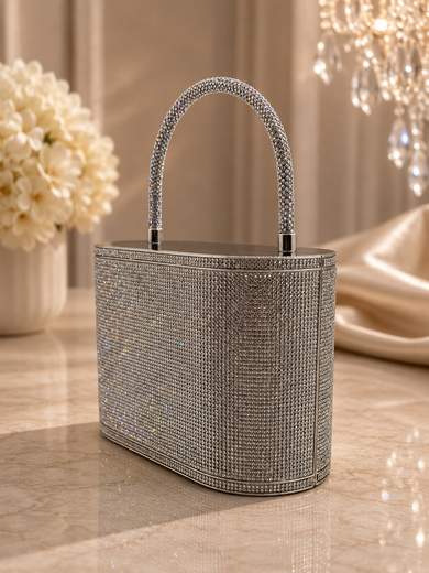 MICHELLE MOON Pochette Argento da Cerimonia Ricoperta di Strass con Catenella Staccabile KD6230-ARGENTO