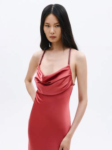 Abito Lungo da Cerimonia in Raso con Stola e Spalline Gioiello