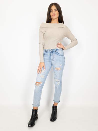 3D Denim Jeans Strappati Donna Elasticizzati Chiari Slim Fit