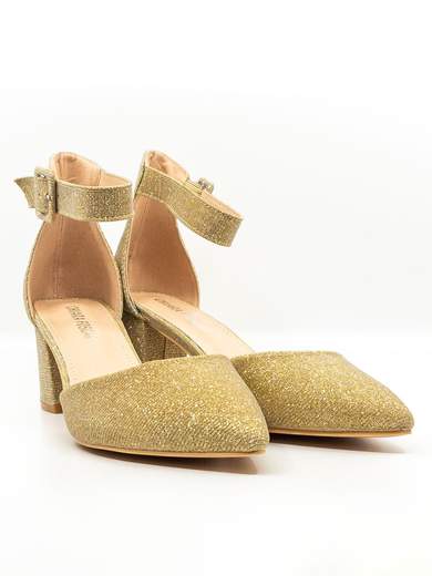 Gold Glitter Block Heel Pumps 6 cm with Ankle Strap